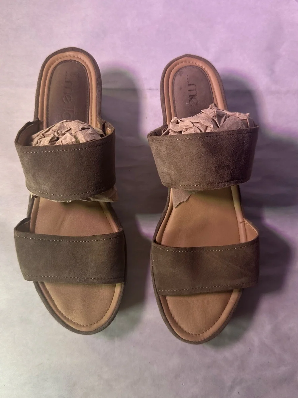 Two-Strap Suede Wedge Sandal - Cognac Brown